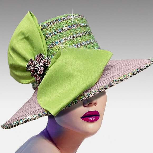Extravagant Couture Pink Green Jeweled Masterpiece Big Bow Hat Brooch Wide Brim - Picture 1 of 1